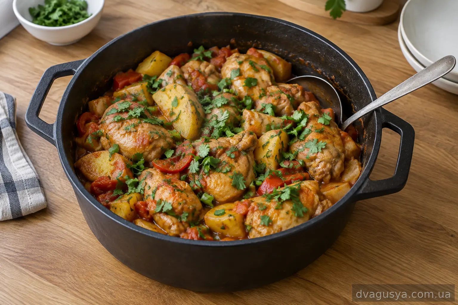 Готове чахохбілі з курки з картоплею, посипане кінзою