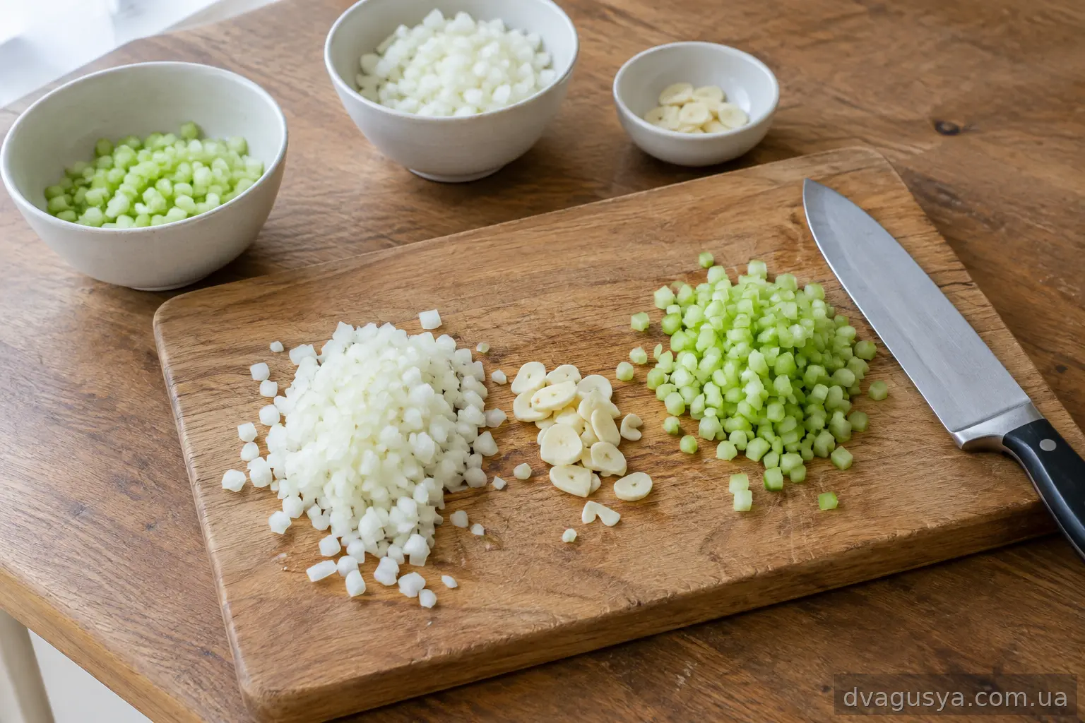 Дрібно нарізані цибуля, часник і селера на дошці