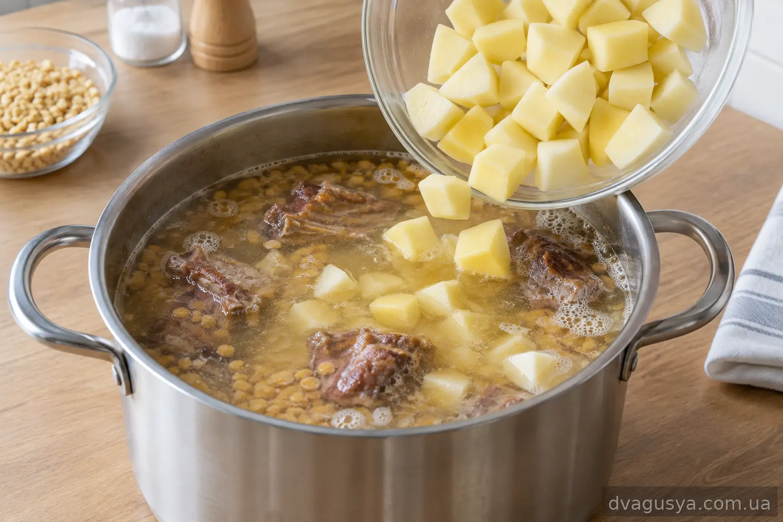 Кубики картоплі додають у каструлю з горохом і реберцями