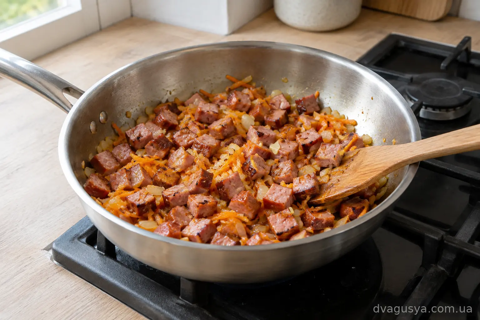 Обсмажена ковбаса з овочами