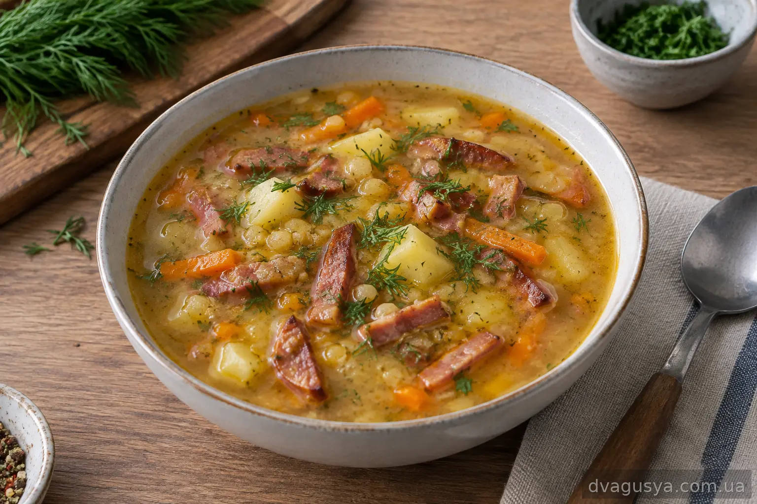 Гороховий суп з сирокопченою ковбасою та беконом (в мультиварці)