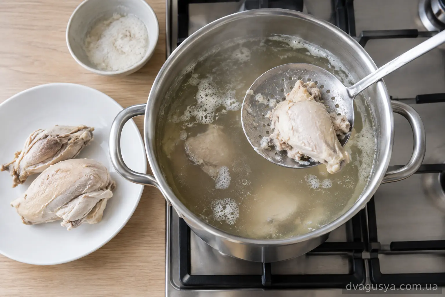 Варіння курячого бульйону в каструлі
