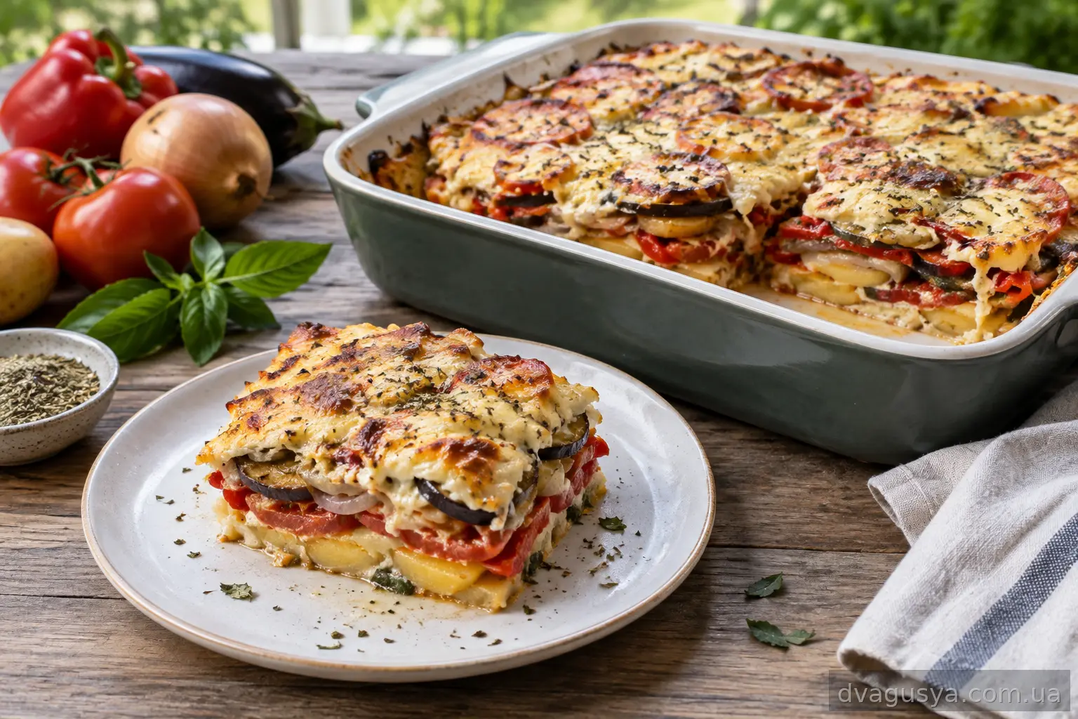 Овочі запечені шарами з картоплею