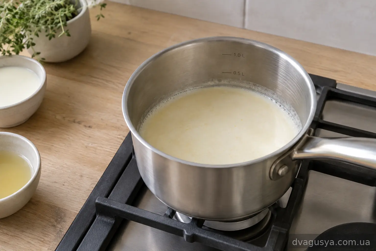 Підігріті вершки з бульйоном у сотейнику