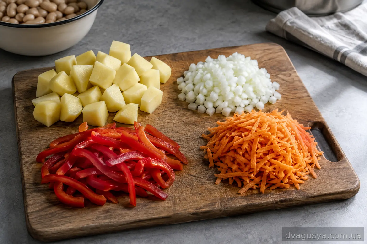 Нарізані овочі: картопля кубиками, цибуля, перець соломкою, морква