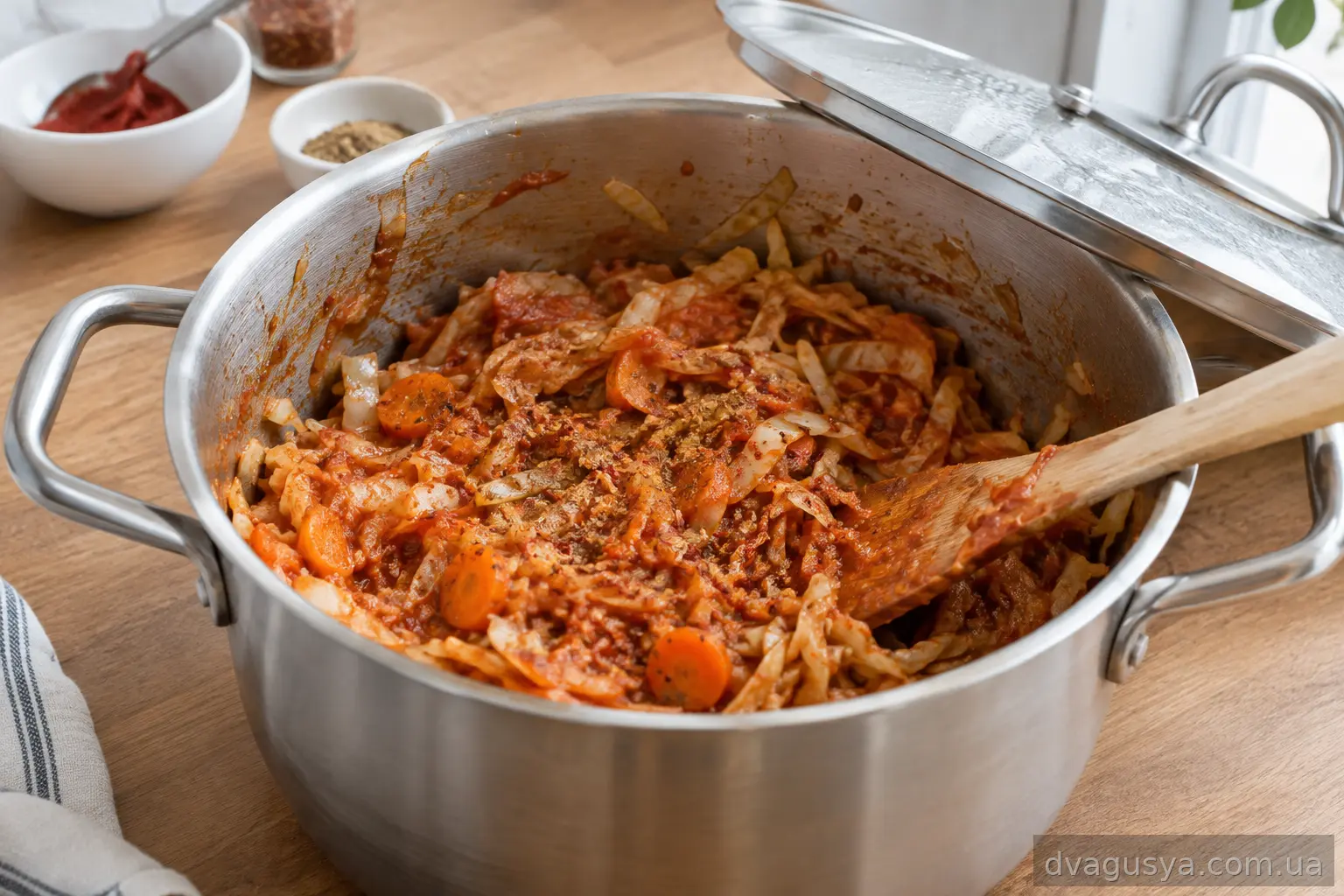 Томатна паста з прянощами тушкується з овочами під кришкою