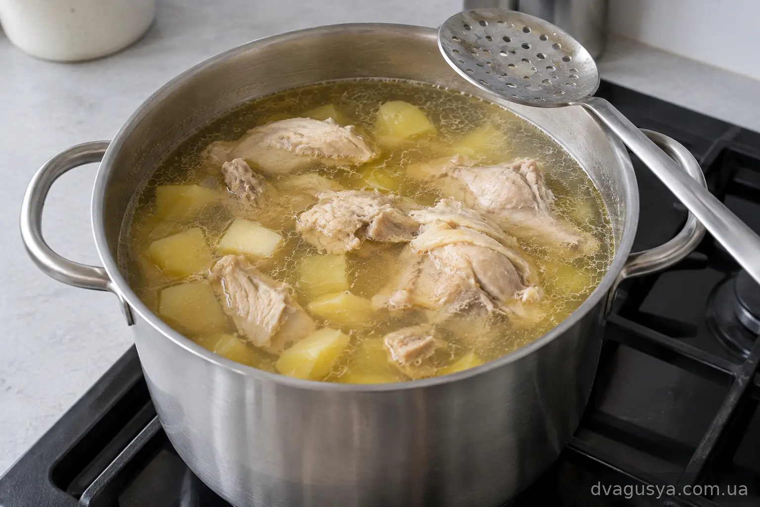 Курячий бульйон з великими шматками м'яса в каструлі