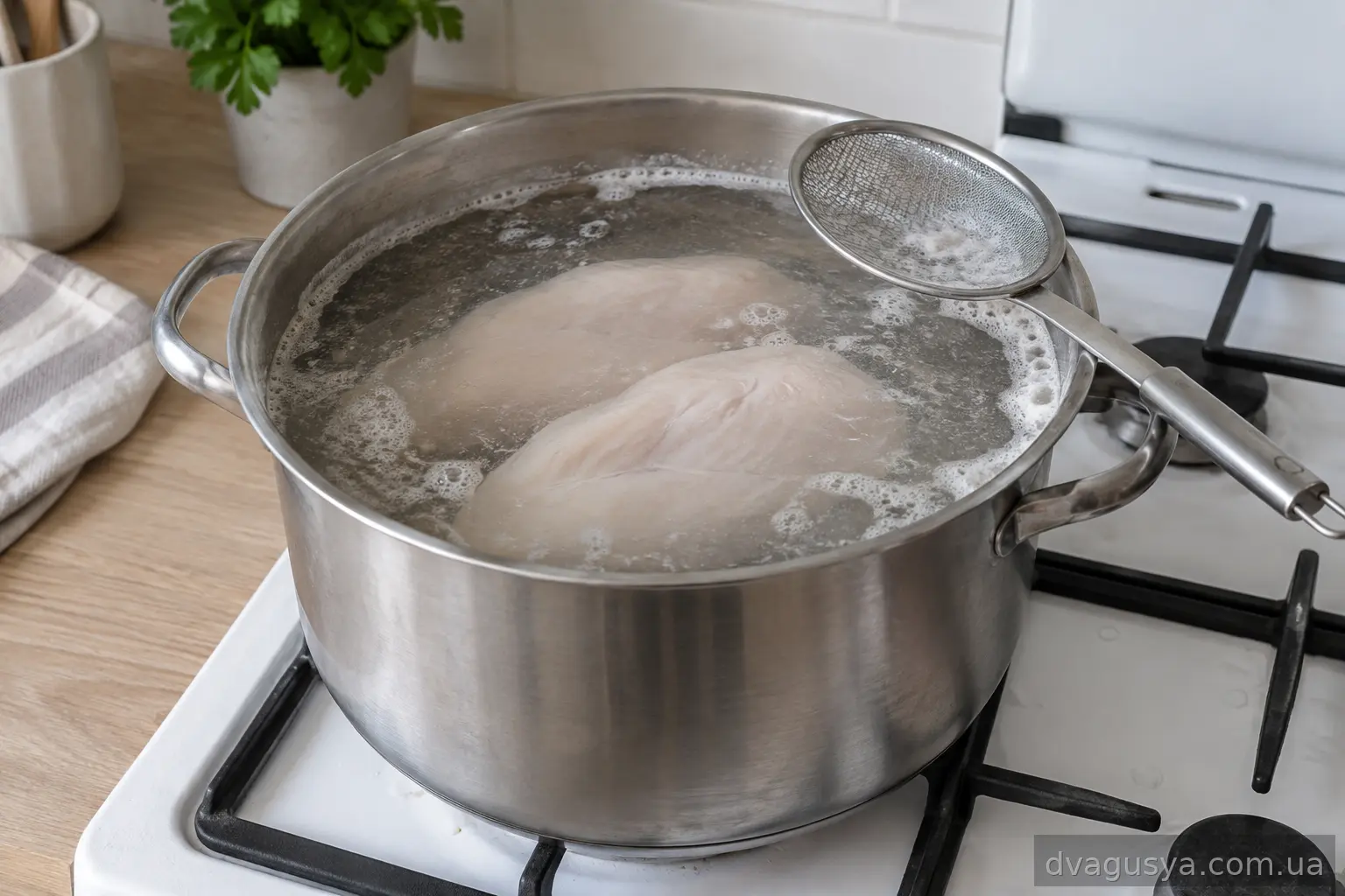 Куряча грудка вариться у воді, знімається піна
