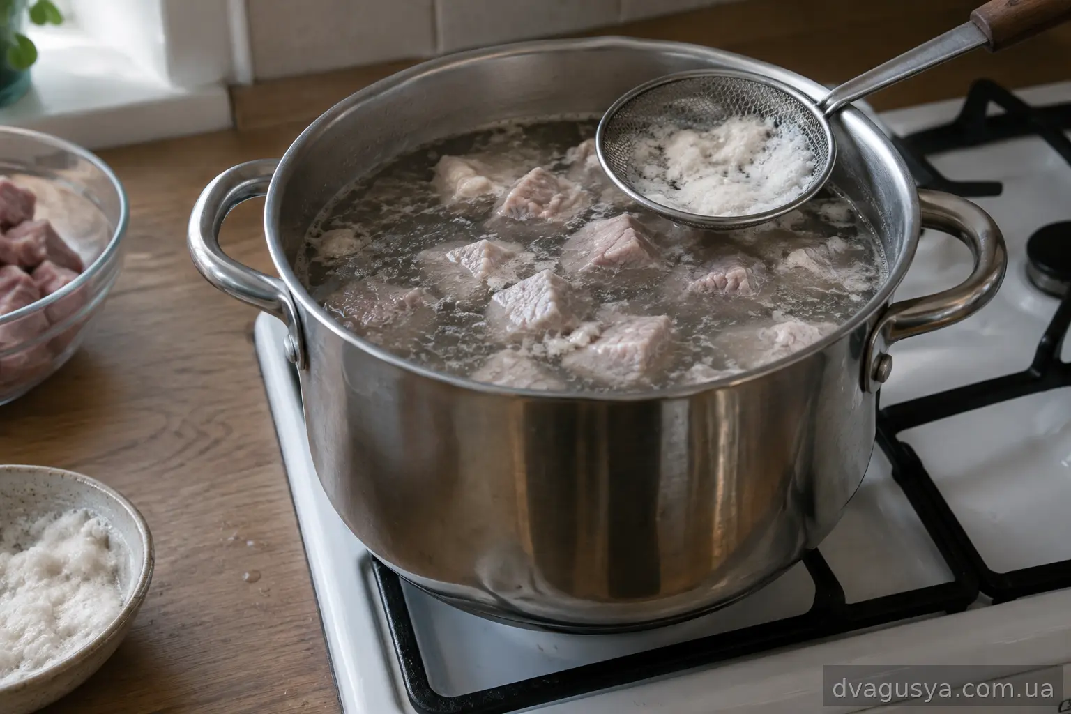 Шматки м'яса варяться в каструлі