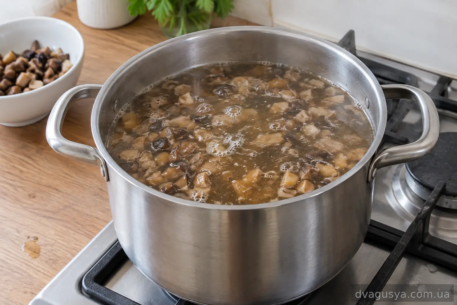 Грибний бульйон з нарізаними опеньками кипить