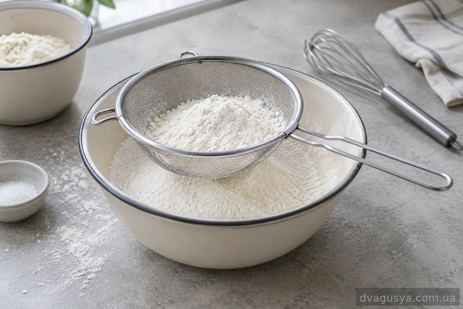 Просейка муки с солью в миску