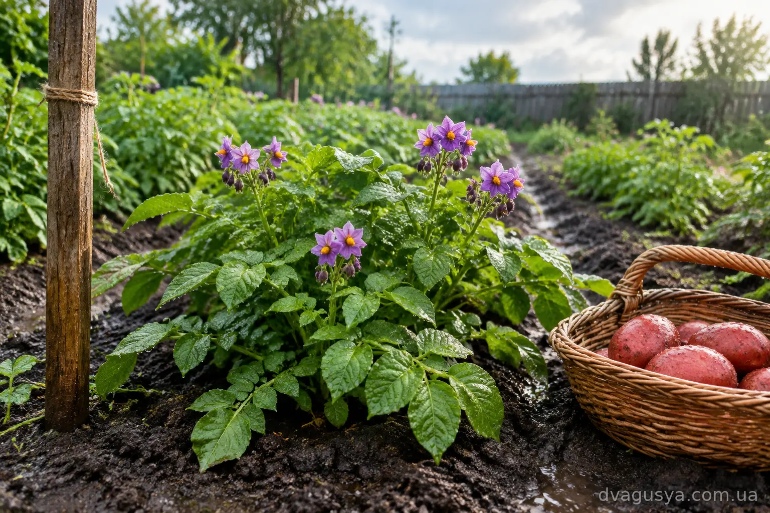 Розлогий кущ картоплі сорту Алена з червоно-фіолетовим цвітінням у городній грядці