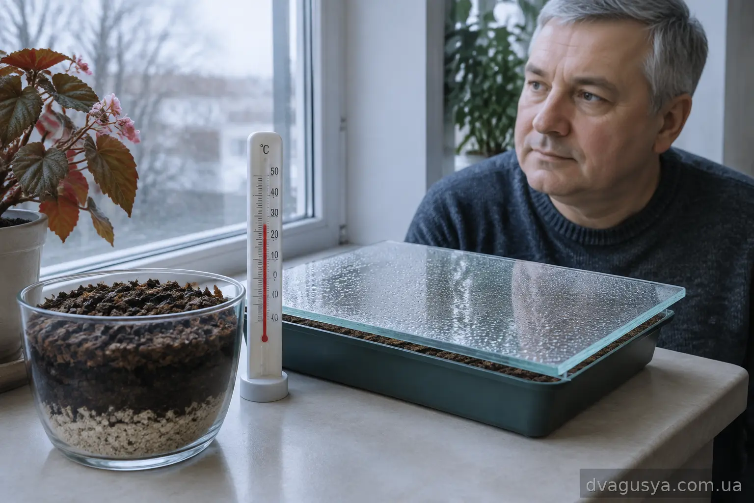 Ґрунтосуміш із піску, торфу та листової землі для посіву бегонії під склом