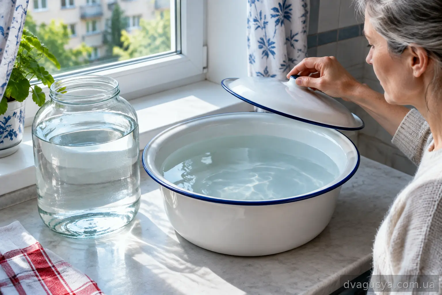 Відкриті ємності з водопровідною водою на підвіконні для відстоювання перед поливом розсади