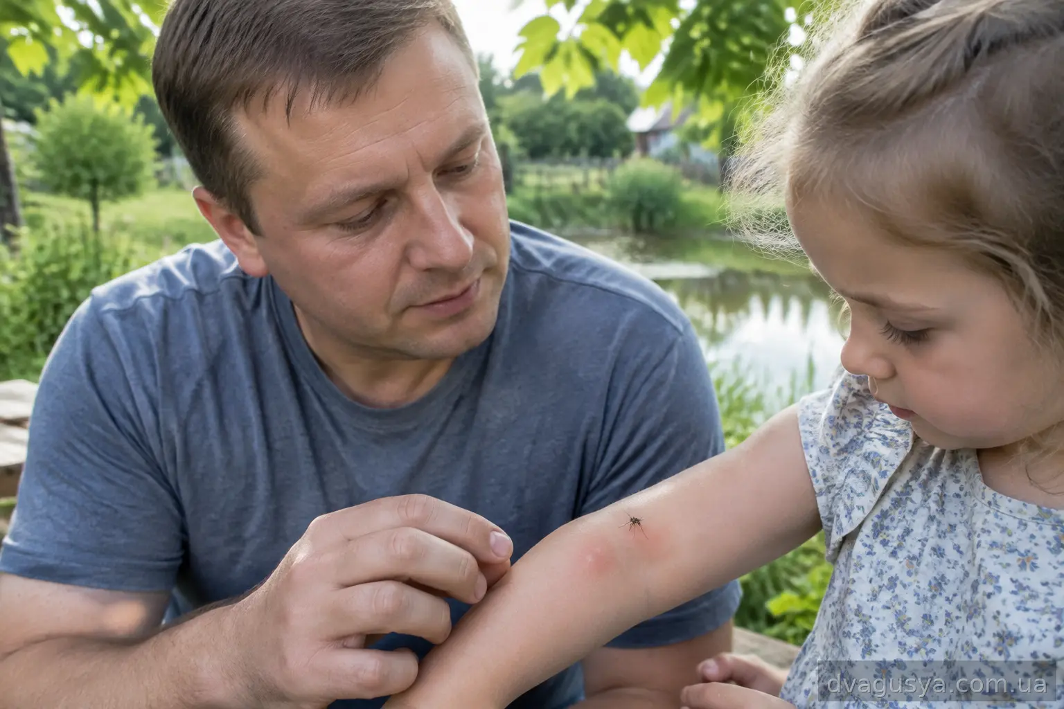 Комар на руці дитини, батько оглядає почервоніле місце укусу на природі