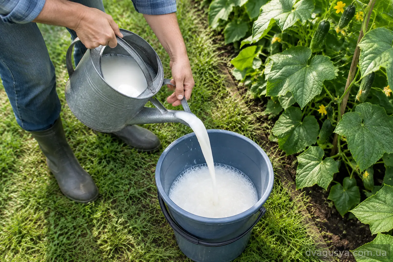 Руки городника розводять прокисле молоко водою у відрі біля грядки з огірками