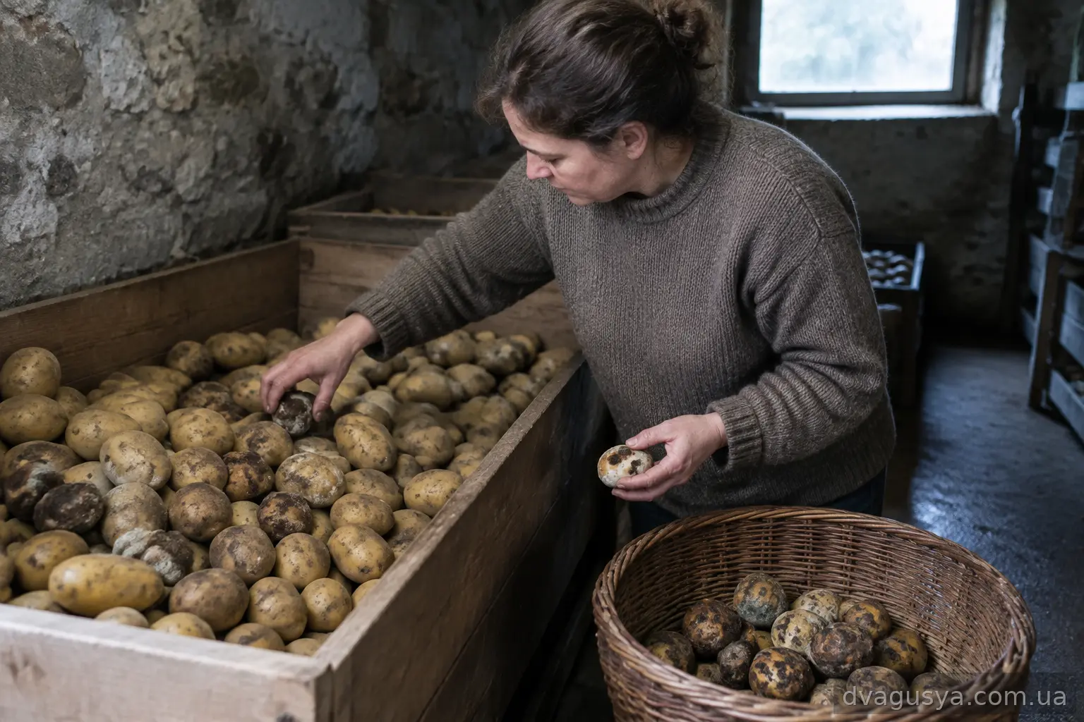 Людина перебирає картоплю в погребі, відкладаючи уражені бульби в окремий кошик