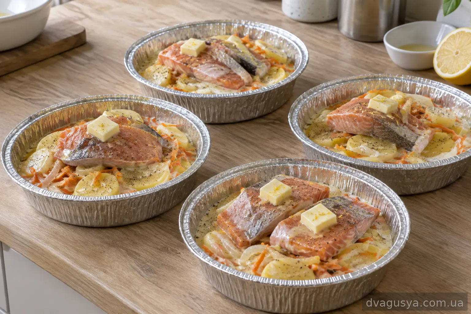 Порційні тарілочки з фольги з овочами, рибою та маслом