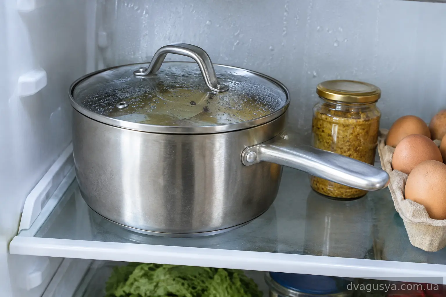 Каструля з рибою в гірчичному розсолі в холодильнику