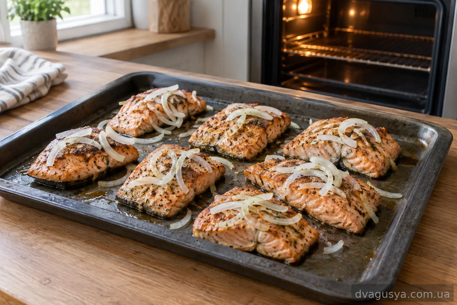 Обсмажені шматки горбуші на деці з цибулею перед запіканням