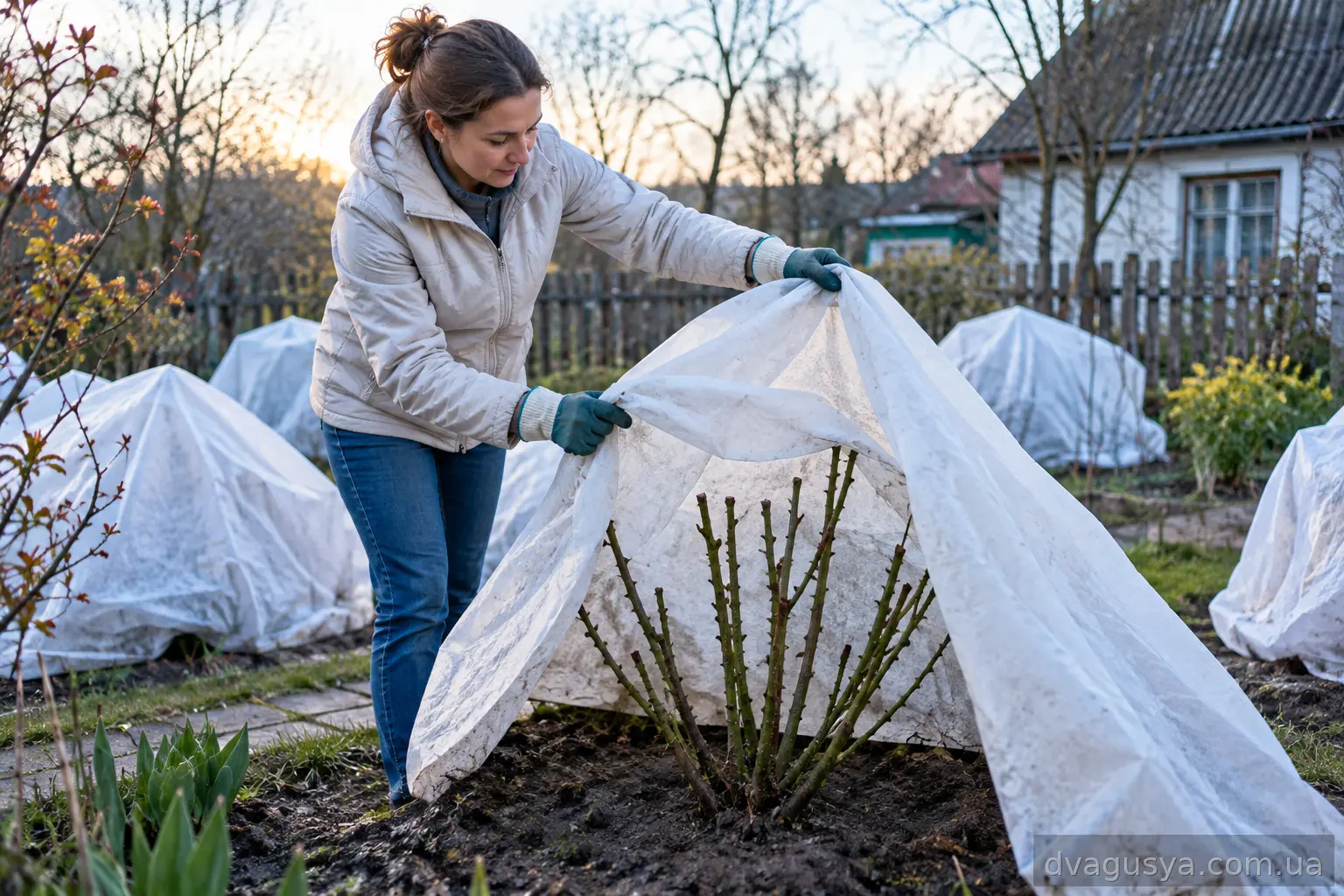 Садівниця поступово знімає зимове укриття з куща троянд ранньої весни