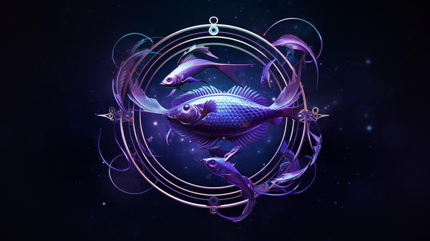 Futuristic Pisces zodiac sign on dark purple background Футуристичний знак зодіаку Риби на темно-фіолетовому фоні