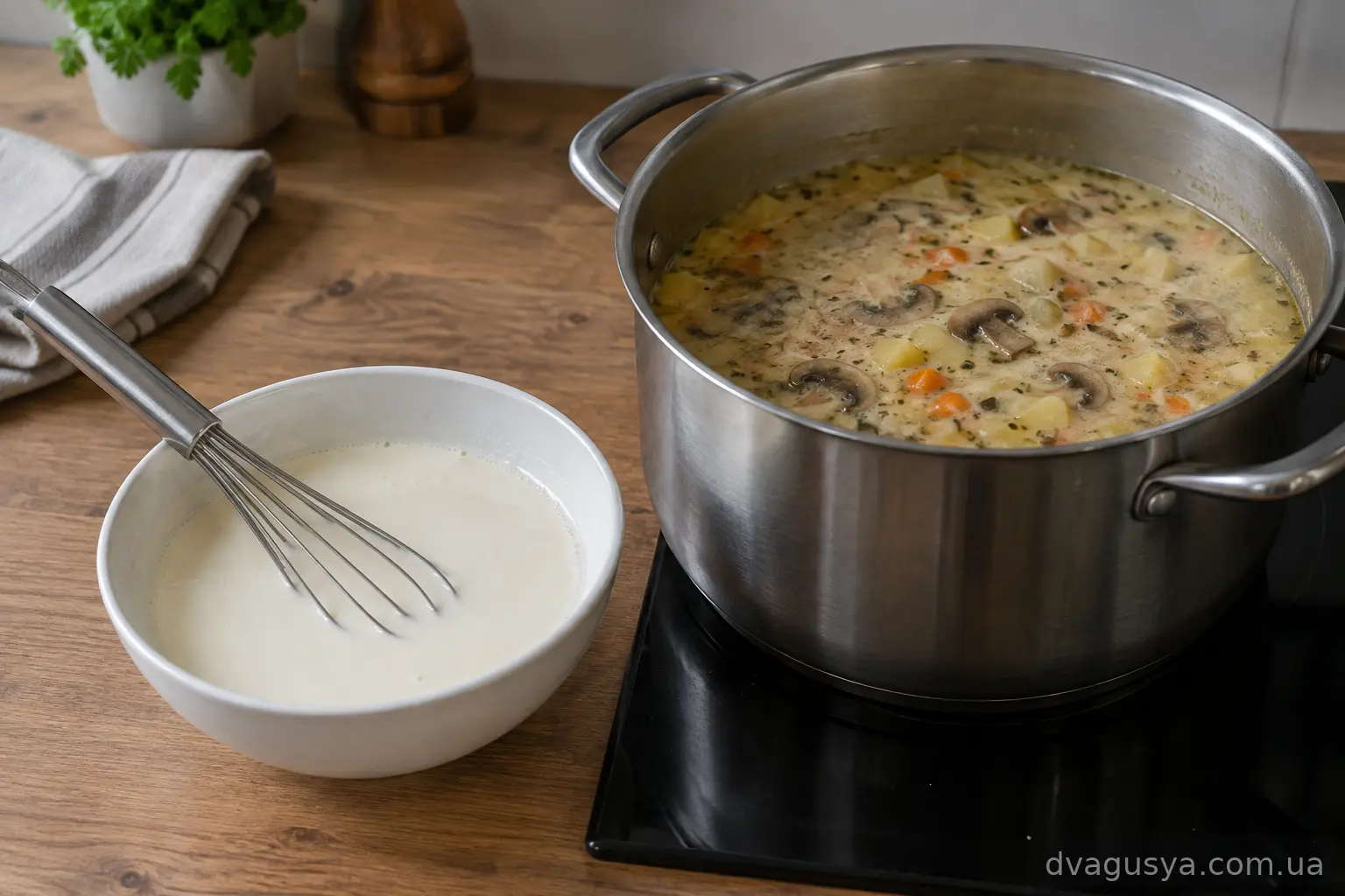 Сметана змішана з гарячим бульйоном у мисці