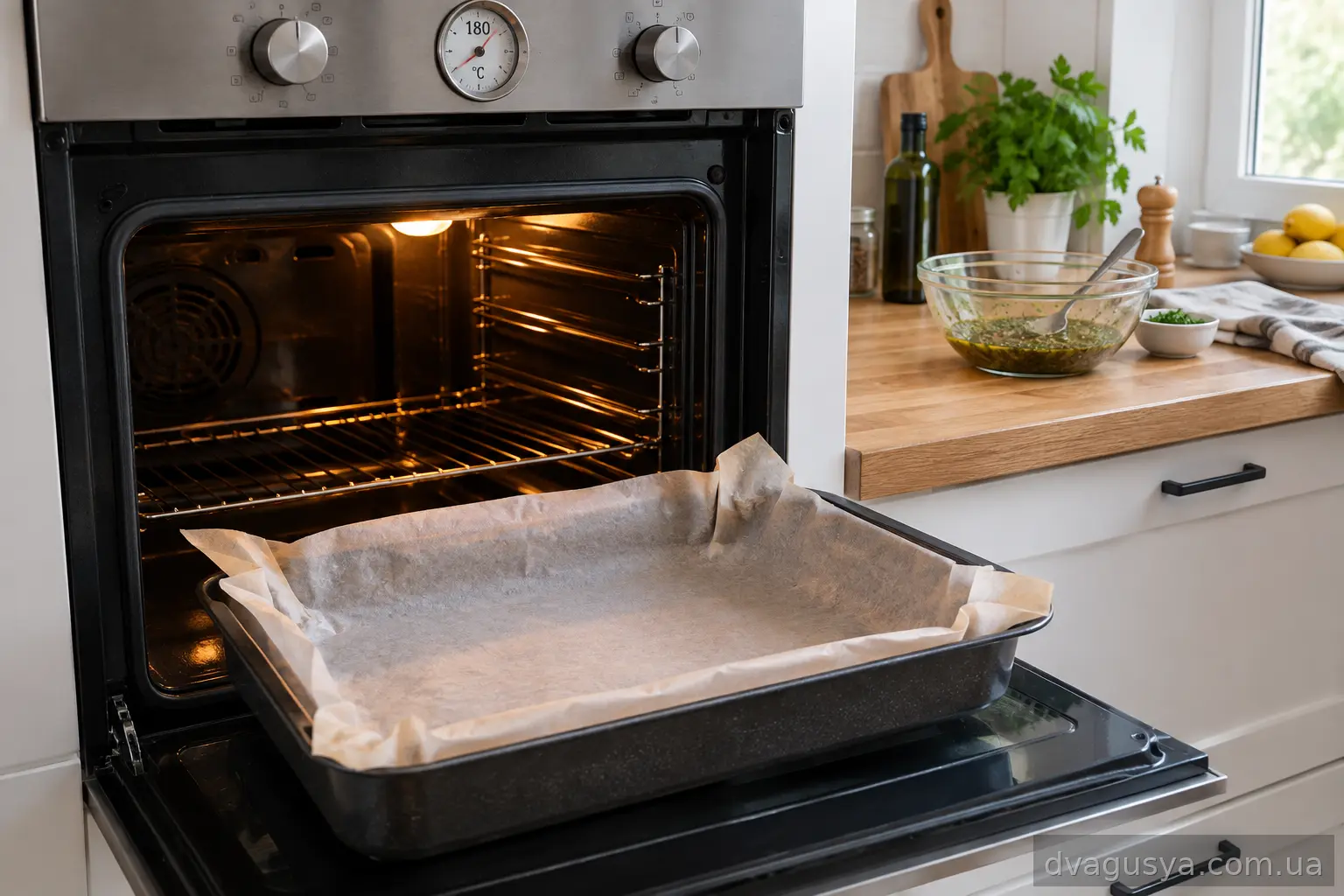 Духовка розігріта до 180 °C з формою, застеленою пергаментом