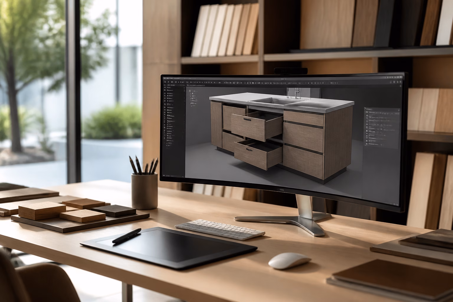 Рабочее место 3D-дизайнера с моделью кухонного гарнитура на экране
