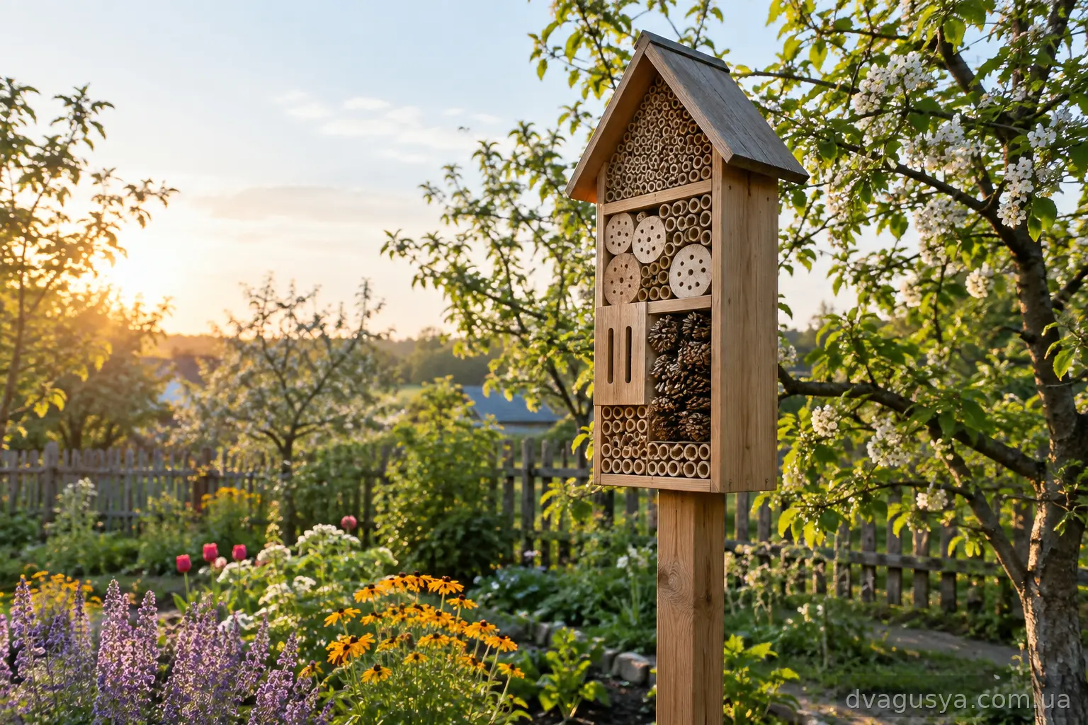 Готовий готель для комах, закріплений на стовпі на сонячній стороні саду серед квітучих рослин