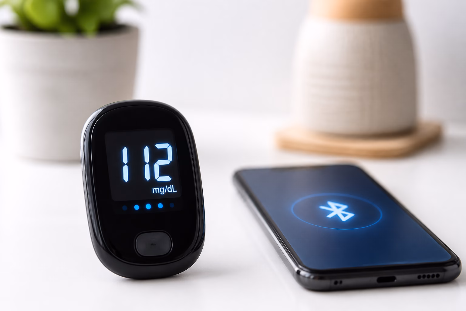 Глюкометр з великим підсвіченим дисплеєм поруч із смартфоном для передачі даних