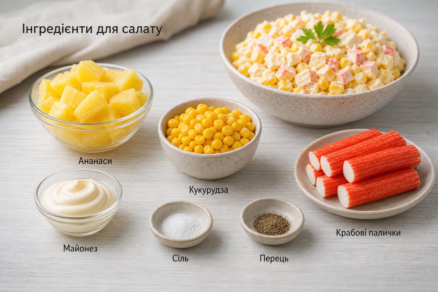 Ніжний салат з ананасом, кукурудзою і крабовими паличками. Що потрібно для приготування: інгредієнти Ніжний салат з ананасом, кукурудзою і крабовими паличками. Що потрібно для приготування: інгредієнти