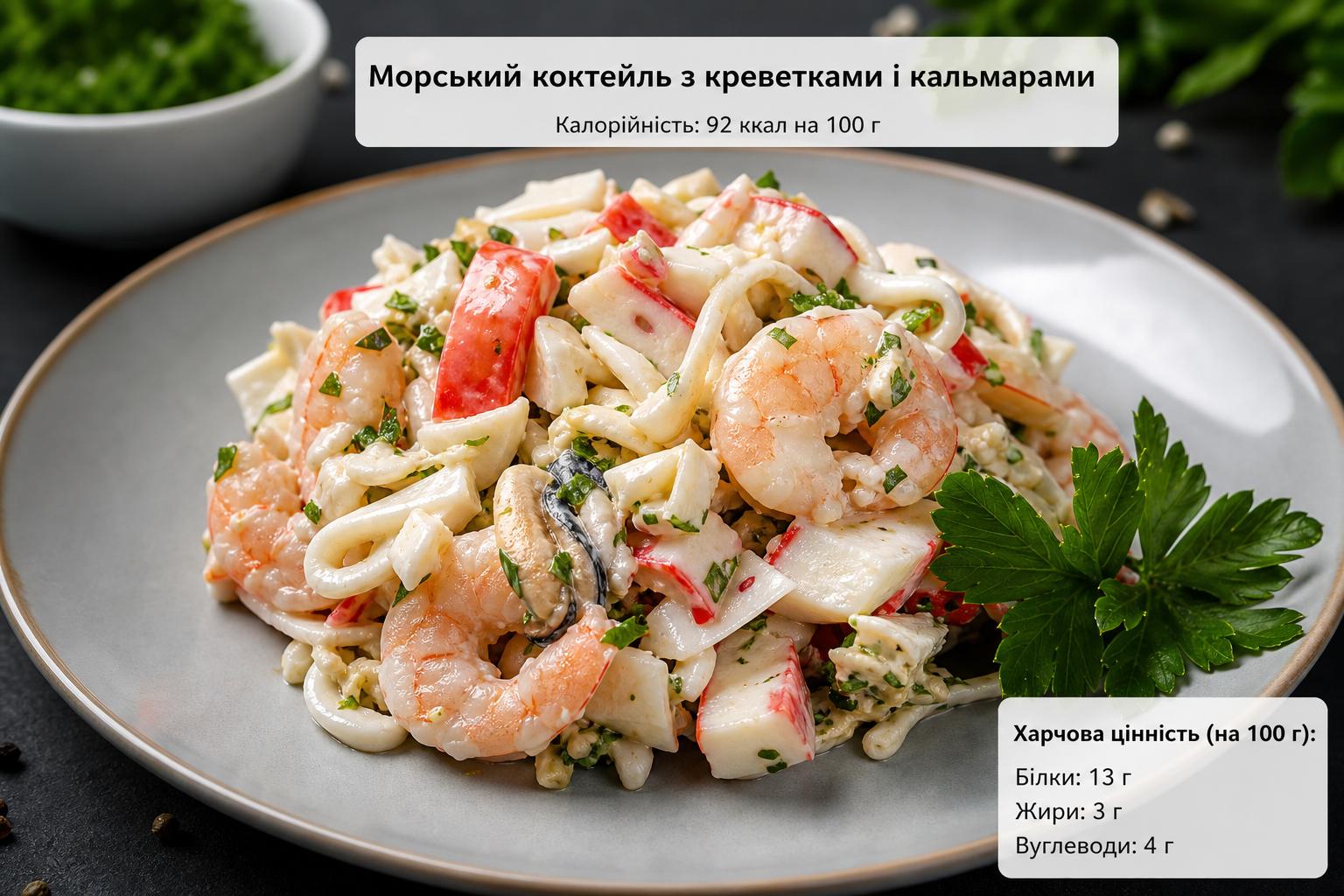 Салат морський коктейль з креветками і кальмарами крабовими паличками. Калорійність і харчова цінність Салат морський коктейль з креветками і кальмарами крабовими паличками. Калорійність і харчова цінність