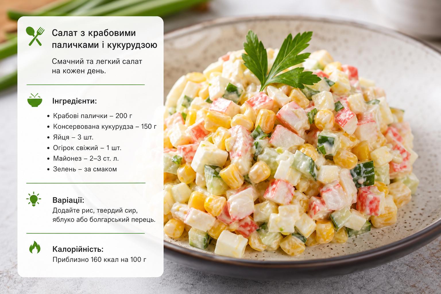 Салат з крабовими паличками і кукурудзою – дуже смачний рецепт з фото, як приготувати, калорійність. Варіації рецепту: що можна додати Салат з крабовими паличками і кукурудзою – дуже смачний рецепт з фото, як приготувати, калорійність. Варіації рецепту: що можна додати