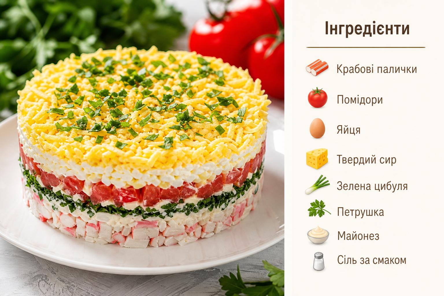 Салат з крабовими паличками, помідорами, сиром і яйцем – рецепт з зеленню шарами. Які інгредієнти знадобляться Салат з крабовими паличками, помідорами, сиром і яйцем – рецепт з зеленню шарами. Які інгредієнти знадобляться