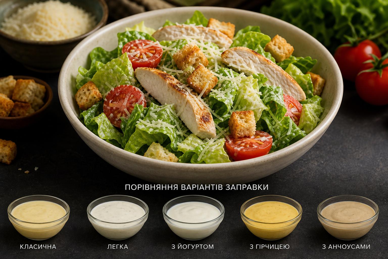 Класичний рецепт салату Цезар з куркою, сухариками і помідорами. Порівняння варіантів заправки Класичний рецепт салату Цезар з куркою, сухариками і помідорами. Порівняння варіантів заправки