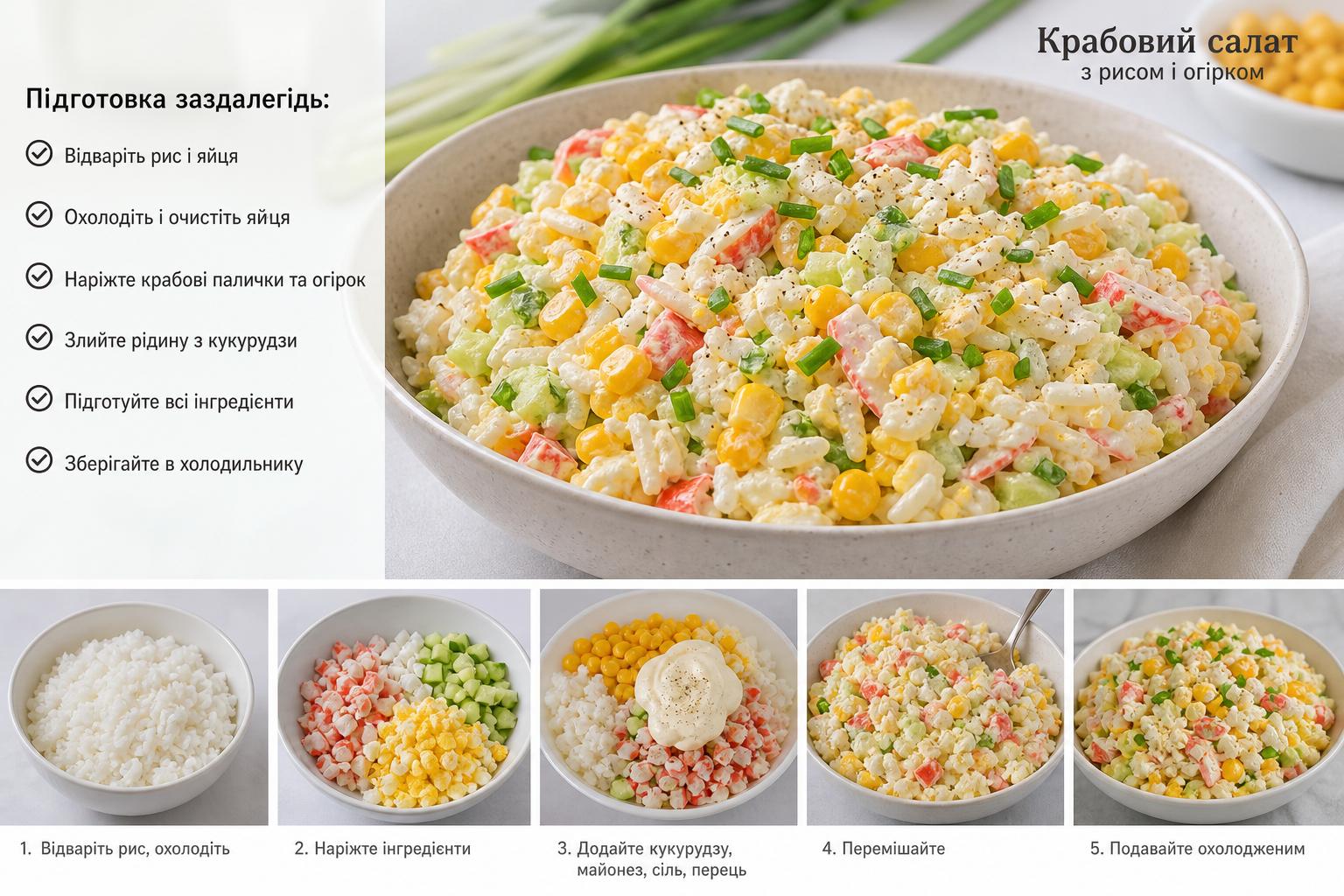 Крабовий салат з огірком і рисом, кукурудзою, яйцем і майонезом – покроковий рецепт. Підготовка: що зробити заздалегідь Крабовий салат з огірком і рисом, кукурудзою, яйцем і майонезом – покроковий рецепт. Підготовка: що зробити заздалегідь