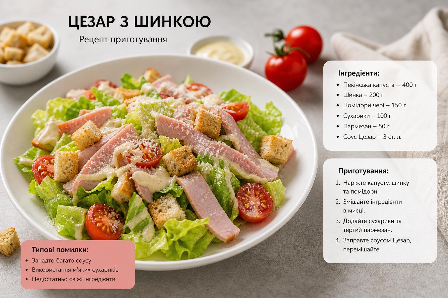 Рецепт приготування салату Цезар з шинкою, сухариками і помідорами. Типові помилки при приготуванні Рецепт приготування салату Цезар з шинкою, сухариками і помідорами. Типові помилки при приготуванні