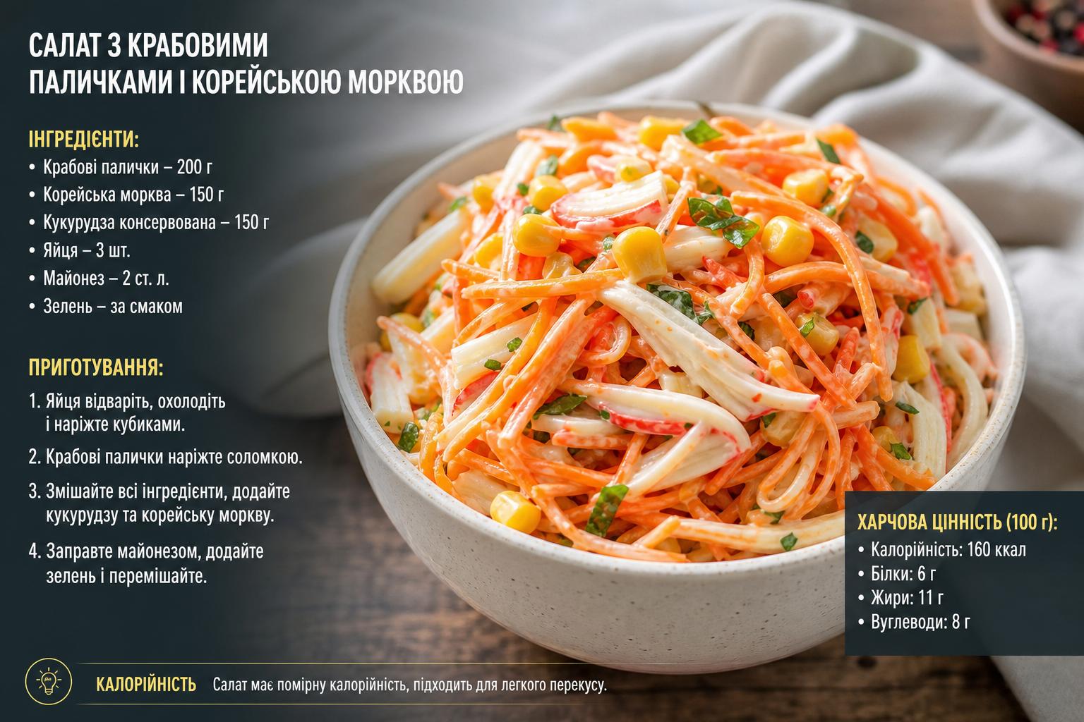 Салат з крабовими паличками і корейською морквою: рецепт. Харчова цінність і кілька слів про калорійність Салат з крабовими паличками і корейською морквою: рецепт. Харчова цінність і кілька слів про калорійність