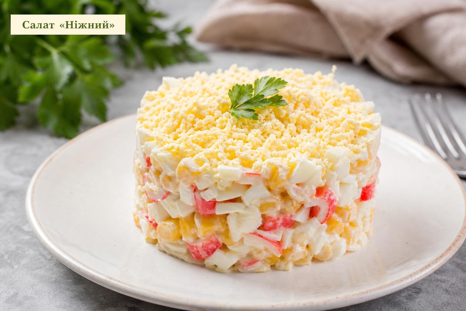 Салат "Ніжний" з крабовими паличками – рецепт з фото. Інгредієнти: склад салату «Ніжний» Салат "Ніжний" з крабовими паличками – рецепт з фото. Інгредієнти: склад салату «Ніжний»