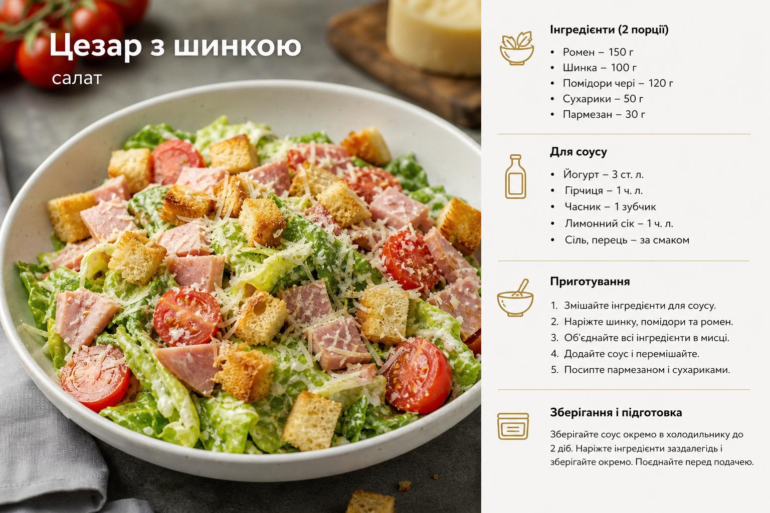 Рецепт приготування салату Цезар з шинкою, сухариками і помідорами. Зберігання і підготовка заздалегідь Рецепт приготування салату Цезар з шинкою, сухариками і помідорами. Зберігання і підготовка заздалегідь
