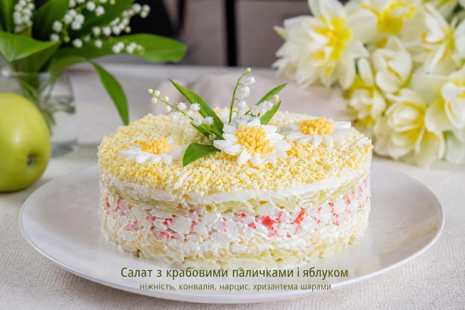 Салат з крабовими паличками і яблуком – рецепт ніжність, конвалія, нарцис, хризантема шарами. Чому шаровий салат з паличками і яблуком такий популярний Салат з крабовими паличками і яблуком – рецепт ніжність, конвалія, нарцис, хризантема шарами. Чому шаровий салат з паличками і яблуком такий популярний