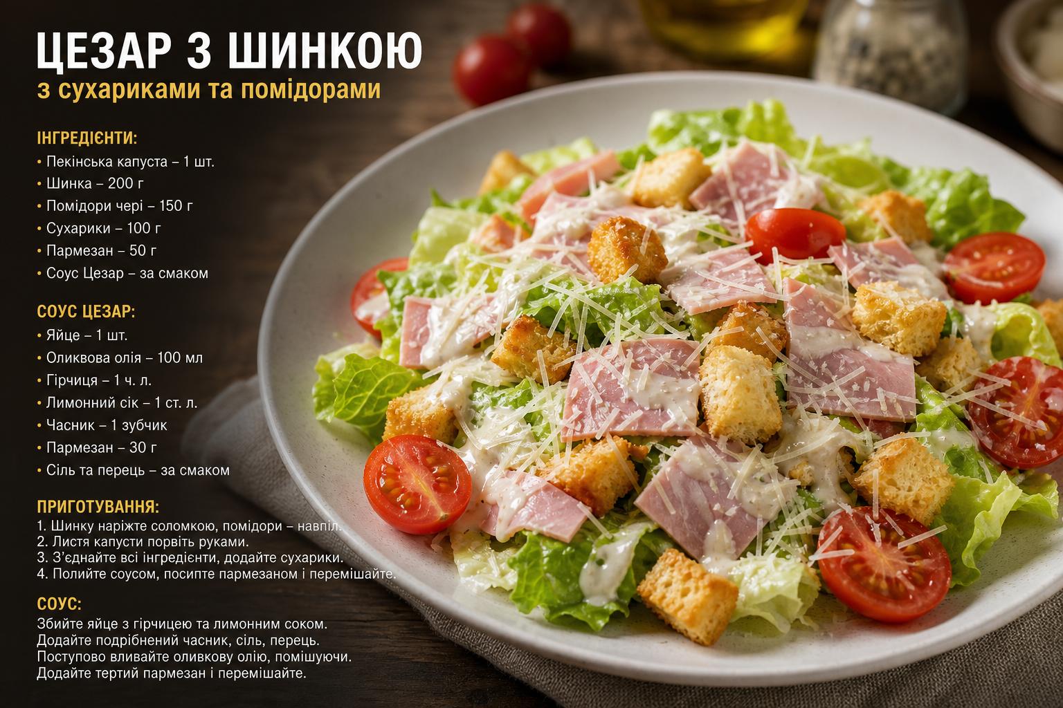Рецепт приготування салату Цезар з шинкою, сухариками і помідорами. Соус для Цезаря: як приготувати правильно Рецепт приготування салату Цезар з шинкою, сухариками і помідорами. Соус для Цезаря: як приготувати правильно