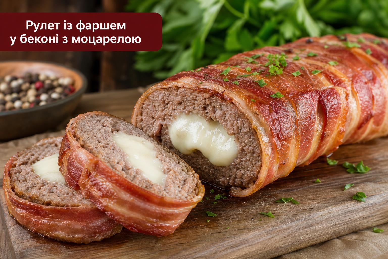 Рулет з фаршем та сиром — 3 рецепти. Рецепт 3: Рулет із фаршем у беконі з моцарелою Рулет з фаршем та сиром — 3 рецепти. Рецепт 3: Рулет із фаршем у беконі з моцарелою