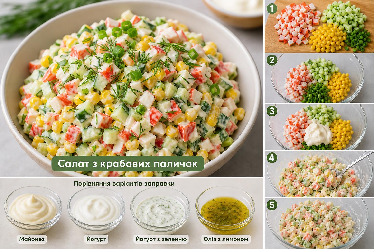 Салат з крабових паличок з кукурудзою і огірком – покроковий рецепт. Порівняння варіантів заправки Салат з крабових паличок з кукурудзою і огірком – покроковий рецепт. Порівняння варіантів заправки