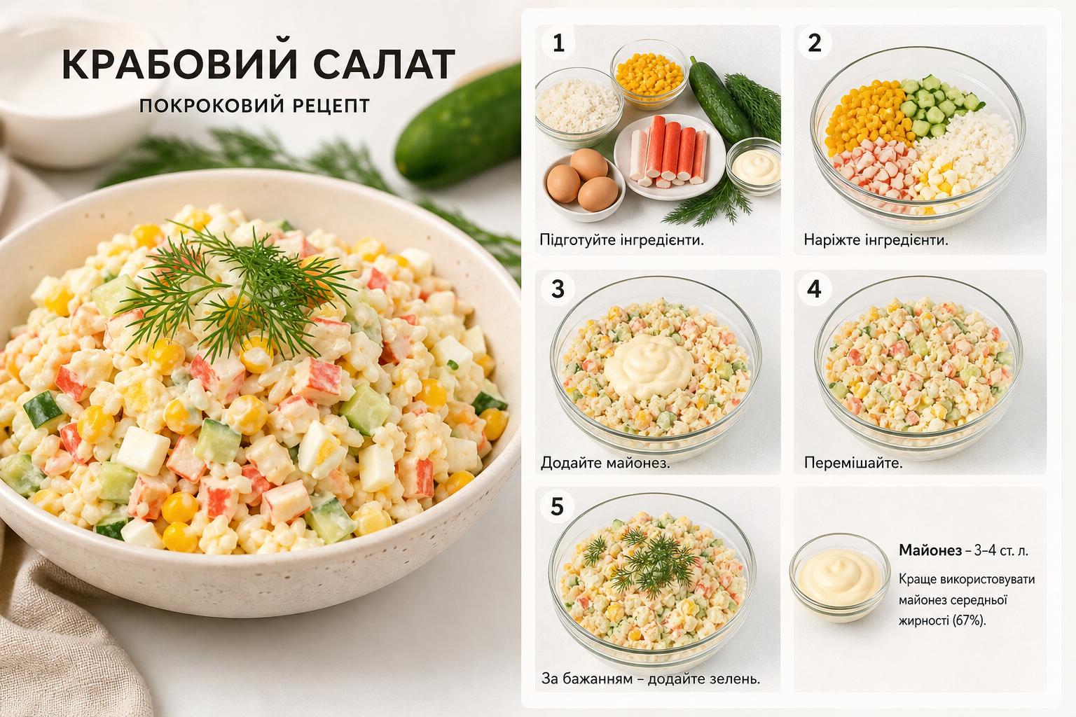 Крабовий салат з огірком і рисом, кукурудзою, яйцем і майонезом – покроковий рецепт. Скільки майонезу — і якого Крабовий салат з огірком і рисом, кукурудзою, яйцем і майонезом – покроковий рецепт. Скільки майонезу — і якого
