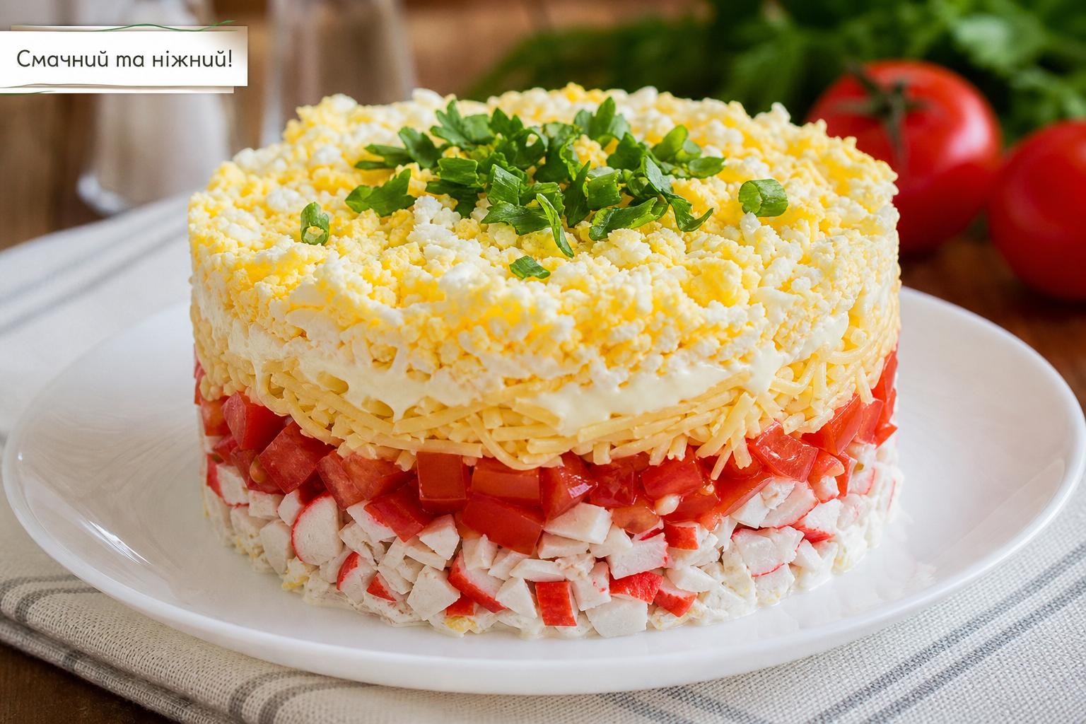 Салат з крабовими паличками, помідорами, сиром і яйцем – рецепт з зеленню шарами. Кілька слів про вибір крабових паличок Салат з крабовими паличками, помідорами, сиром і яйцем – рецепт з зеленню шарами. Кілька слів про вибір крабових паличок