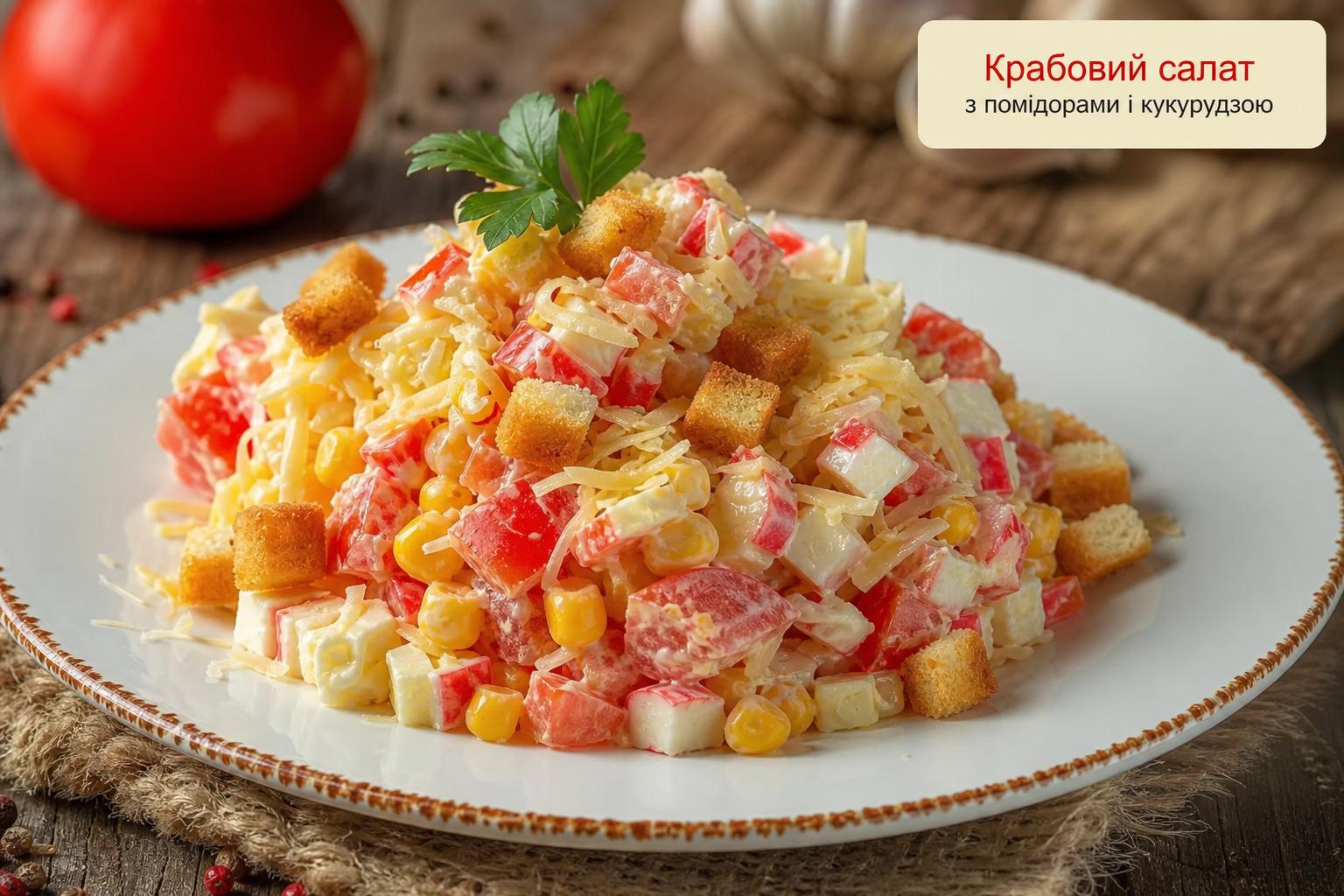 Крабовий салат з помідорами і кукурудзою – рецепт з сухарями, сиром, часником і куркою. Типові помилки при приготуванні Крабовий салат з помідорами і кукурудзою – рецепт з сухарями, сиром, часником і куркою. Типові помилки при приготуванні