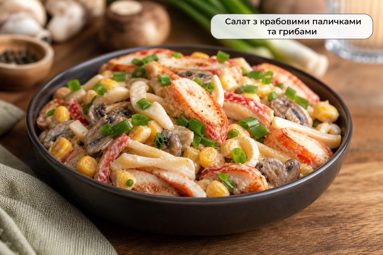 Салат зі смаженими крабовими паличками і грибами – рецепт з печерицями, кальмаром, кукурудзою. Як змінити рецепт під свої вподобання Салат зі смаженими крабовими паличками і грибами – рецепт з печерицями, кальмаром, кукурудзою. Як змінити рецепт під свої вподобання
