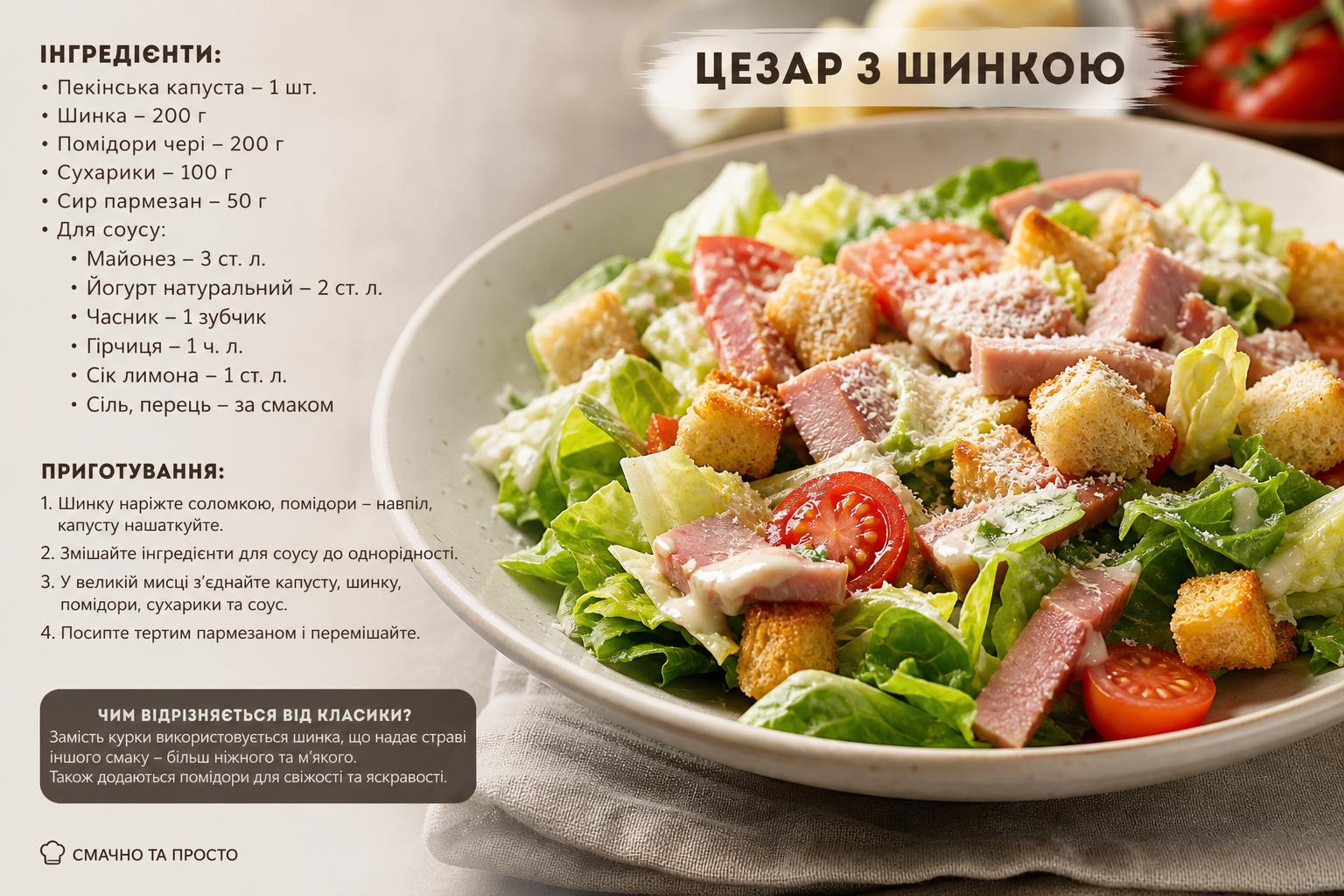 Рецепт приготування салату Цезар з шинкою, сухариками і помідорами. Чим салат Цезар з шинкою відрізняється від класики Рецепт приготування салату Цезар з шинкою, сухариками і помідорами. Чим салат Цезар з шинкою відрізняється від класики